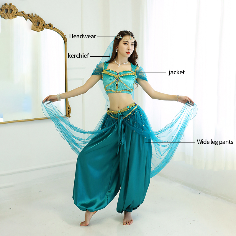 Costume de danse orientale Aladdin, tenue de cosplay d'Halloween, ensemble haut et pantalon avec voile indien Bollywood, couleur turquoise, pour femmes/filles, costume de fête