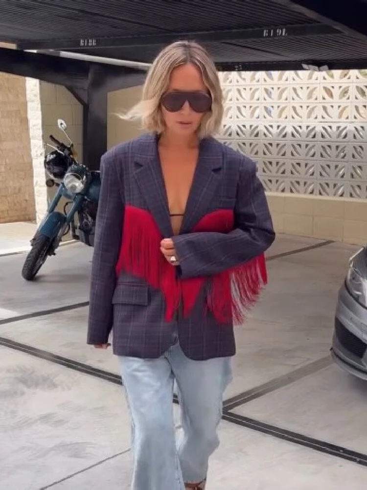 Blazer vintage à carreaux pour femme, tendance, avec empiècements contrastants rouges et franges, revers, manches longues, coupe oversize, chic, décontracté, streetwear