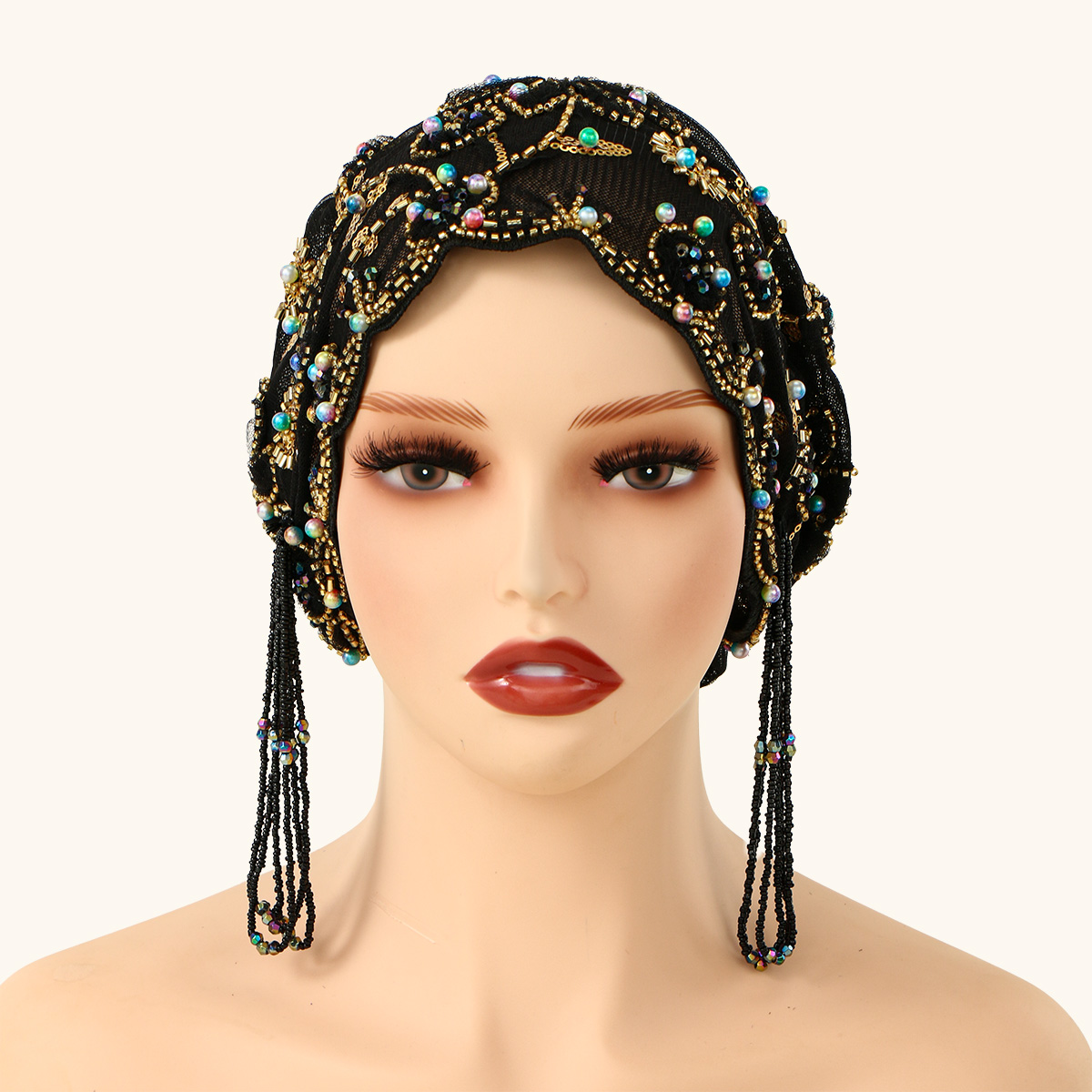Chapeau de perles en dentelle musulmane, casquettes en tissu maille, Tube de perles associé à un fil de diamant acrylique, chapeau brodé pour femmes arabes de dubaï