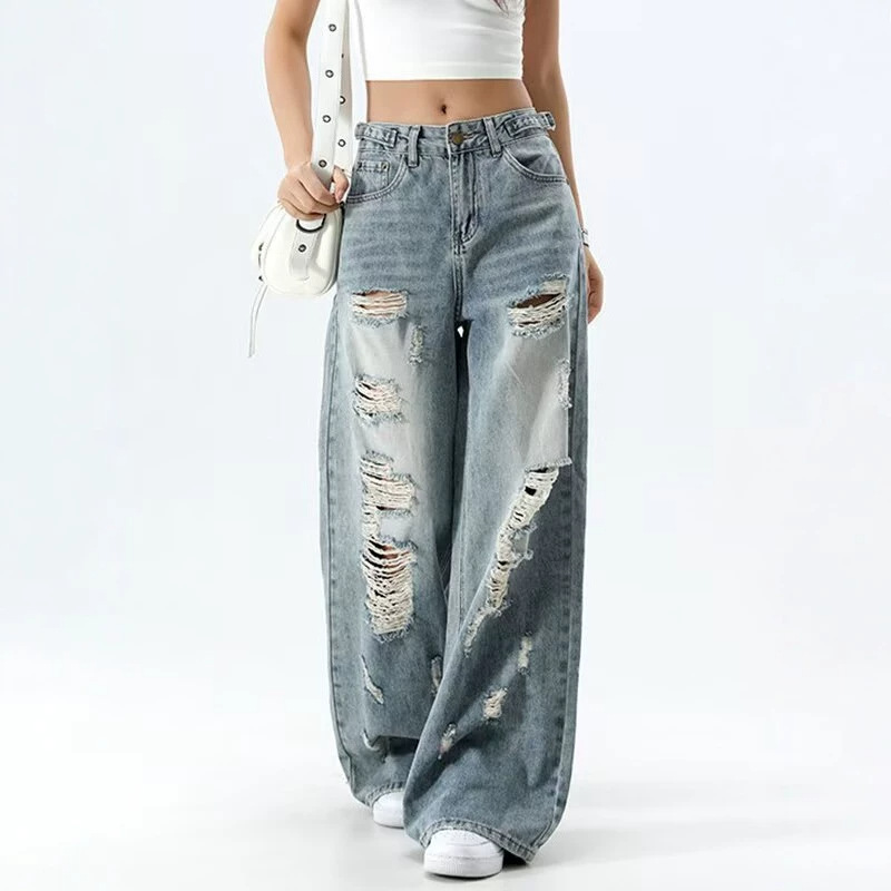 Jean taille haute coupe droite pour femme, pantalon en denim ample amincissant avec déchirures, mélange coton et polyester, pantalon long