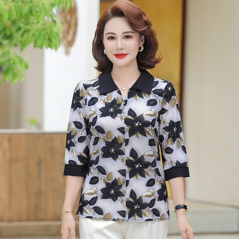 Chemisier d'été en soie glacée pour femme, style maman, col rabattu, motif floral, en soie de lait, pull-over pour femme d'âge mûr