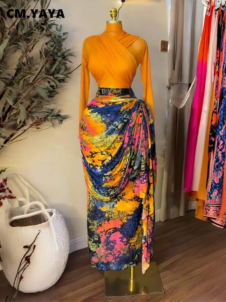 Ensemble de vêtements pour femmes CM.YAYA : hauts + jupe longue ou mini jupe moulante plissée à rubans, ensemble 2 pièces pour les vacances.