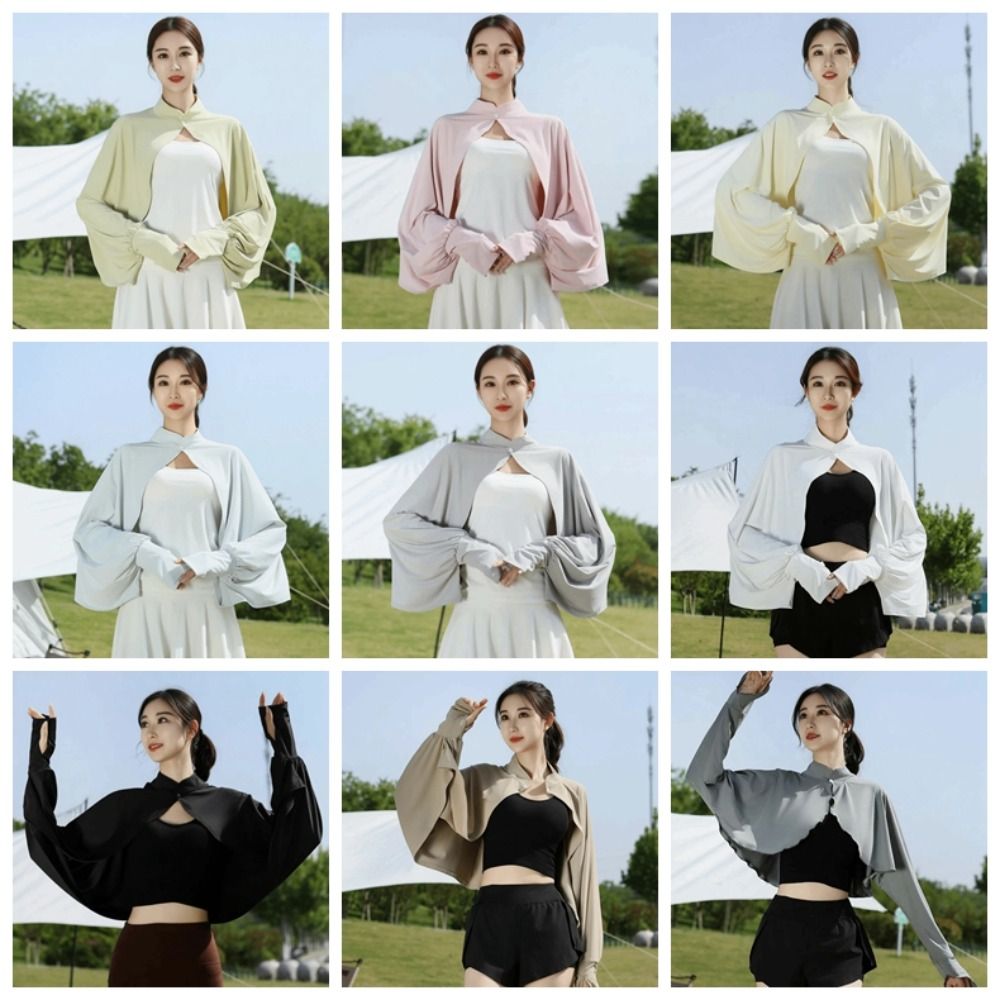 Châle d'été uni anti-UV, cape de protection solaire à manches longues en soie glacée, haut court, manches de bras, vêtements de protection solaire pour femme
