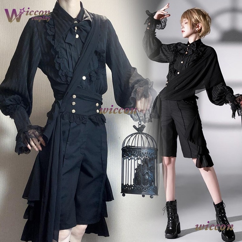 Costume noir fantaisie Cosplay pour femmes, tenue de Style Jirai Kei Ouji, chemisier médiéval Lolita, short gothique unisexe Prince, chemises à manches longues