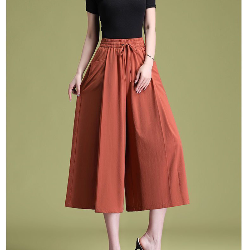 Pantalon Capri Femme Taille Haute Ample et Décontracté avec Poches, Couleur Unie, Jambe Large, Nouvelle Collection Été