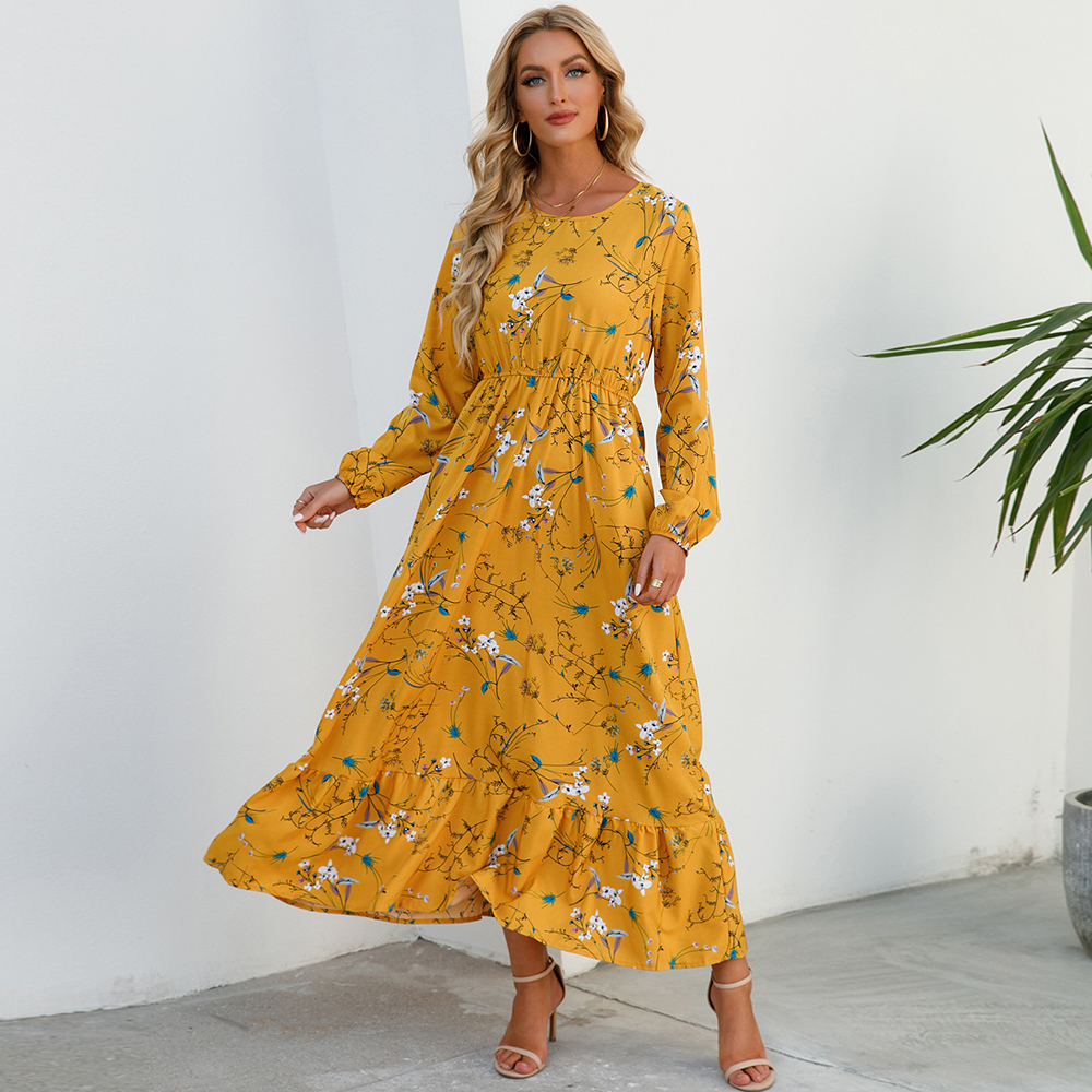 Robe longue en mousseline de soie pour femmes, style bohème décontracté, manches longues, taille haute, pour la plage, motif floral, automne
