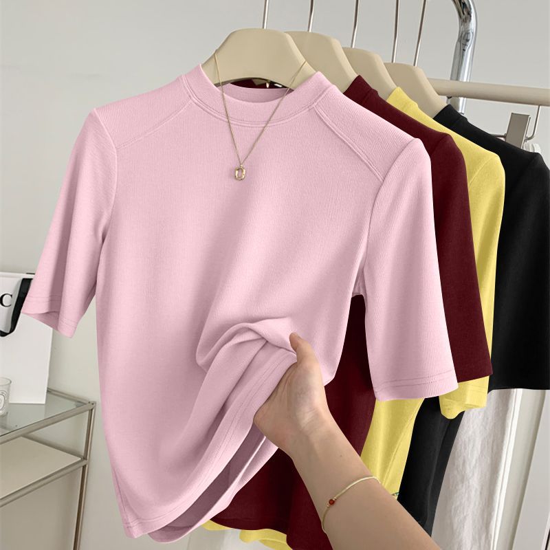 Haut à manches mi-longues pour femme, printemps-automne, col montant, coupe ajustée, nouveau t-shirt polyvalent, vêtement décontracté et tendance
