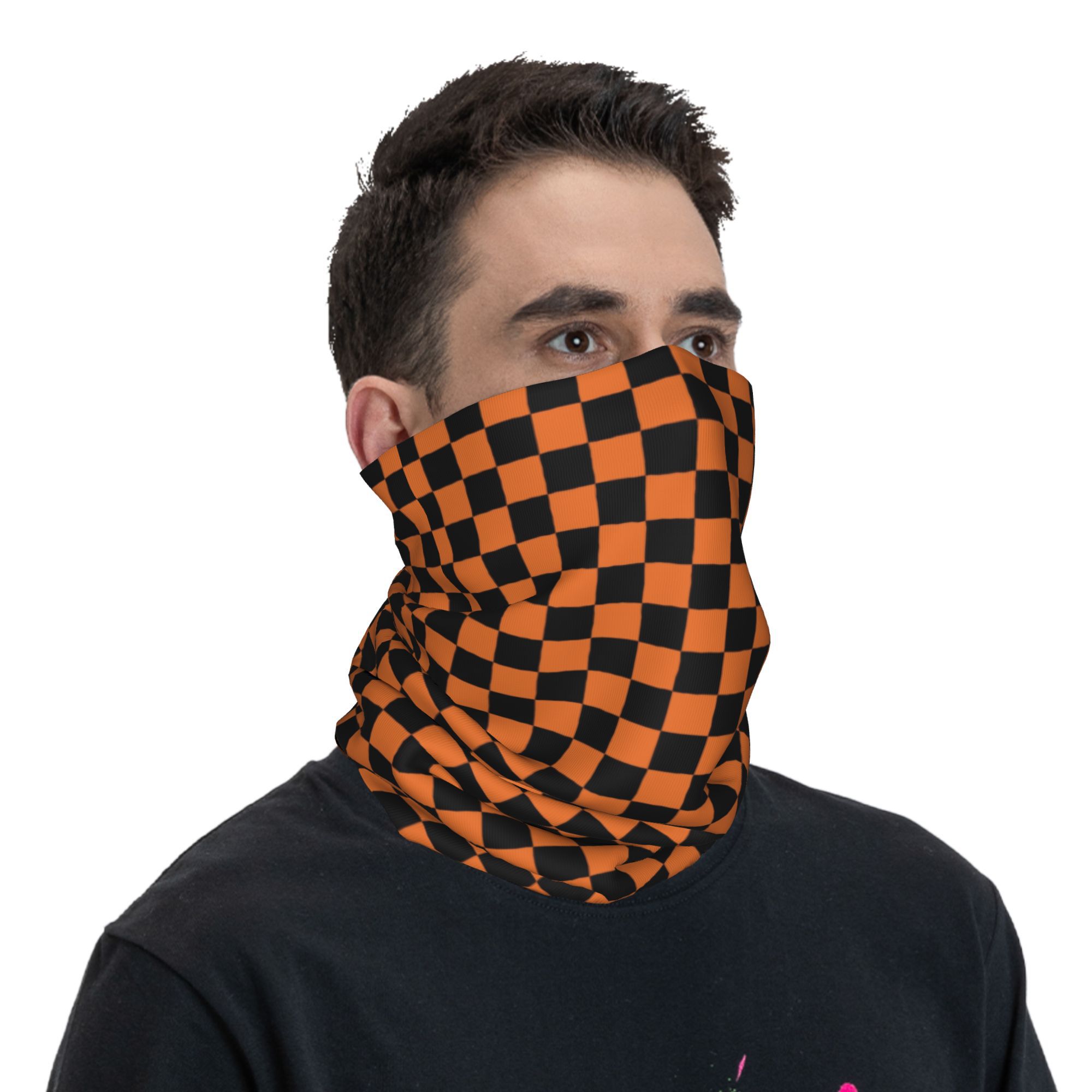 Bandana à motif à carreaux Orange et noir personnalisé, cache-cou, écharpe faciale, couverture pour hommes et femmes, bandeau géométrique à carreaux, cagoule tubulaire