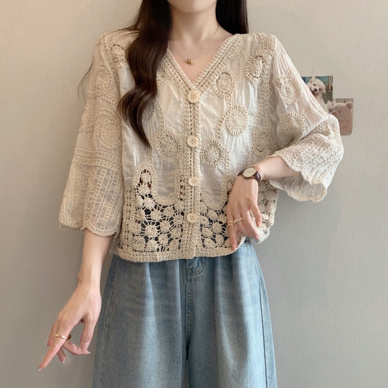 Chemise Cardigan à Boutons Simple, Style Coréen, Tops pour Femmes, Printemps-Été 2026, Fleur à Crochets, Dentelle Ajourée