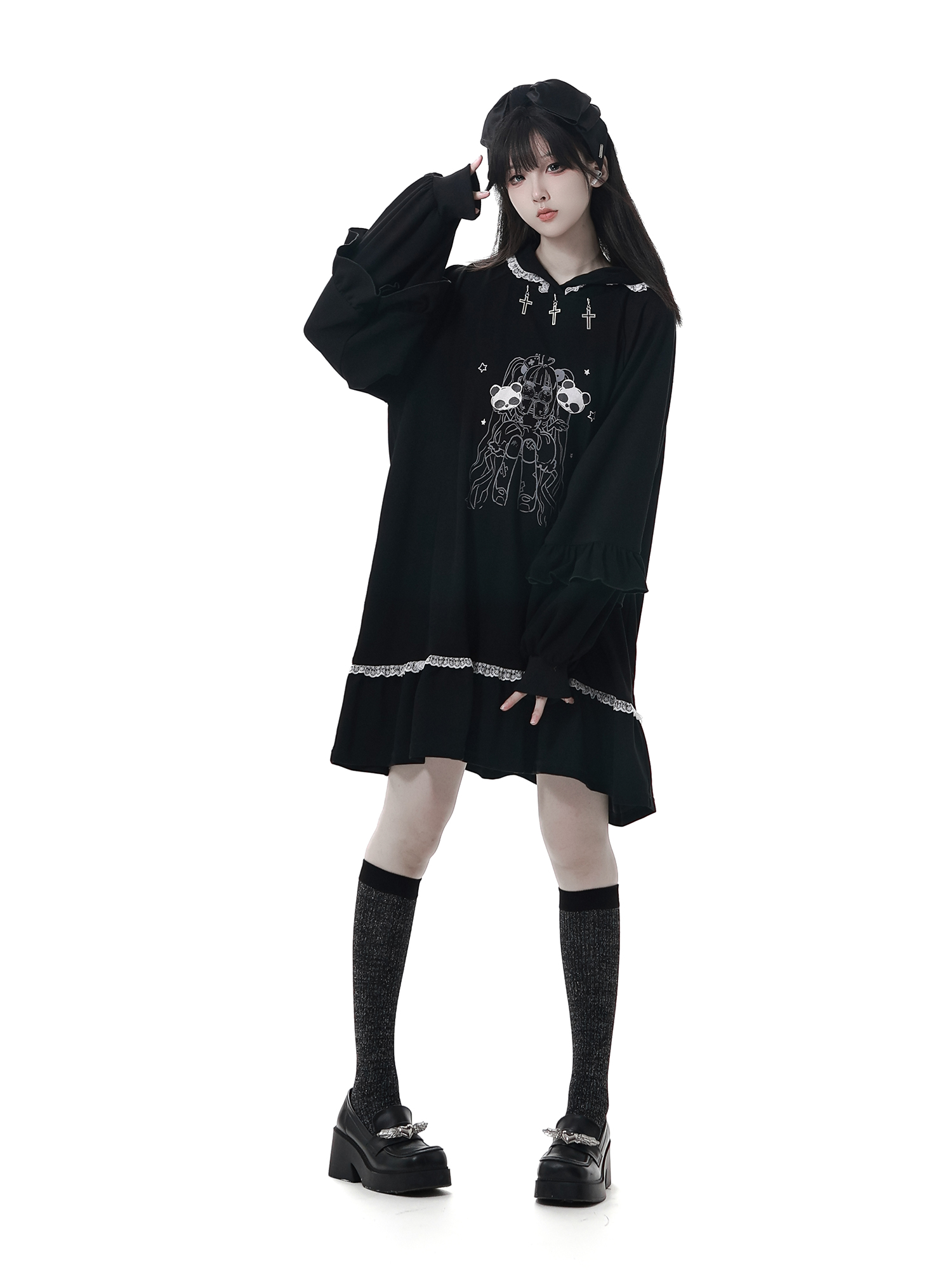 Highstreet doux Cool décontracté robe à capuche dessin animé imprimé broderie dentelle volants Patchwork à manches longues robe noire ample femmes