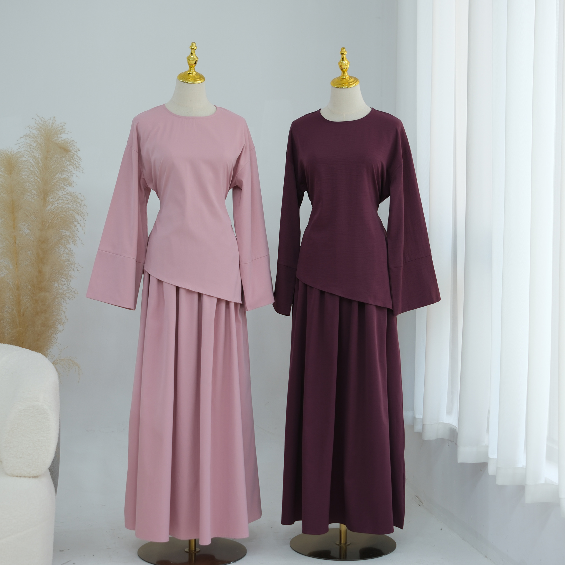 Ensemble 2 Pièces Haut et Jupe pour Femme, Tenue de Fête Musulmane, Blouse et Jupe, avec Ceintures, pour l'Aïd, le Ramadan, style Maroc, Dubaï, Islam, Arabe