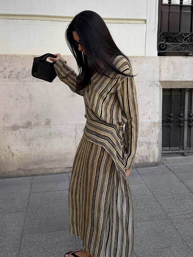 Nouvelle Robe Longue Décontractée Rayée pour Femme, Manches Longues, Col en V, Fente Latérale, Ceinture, Robes Féminines Tendance Été Automne 2026
