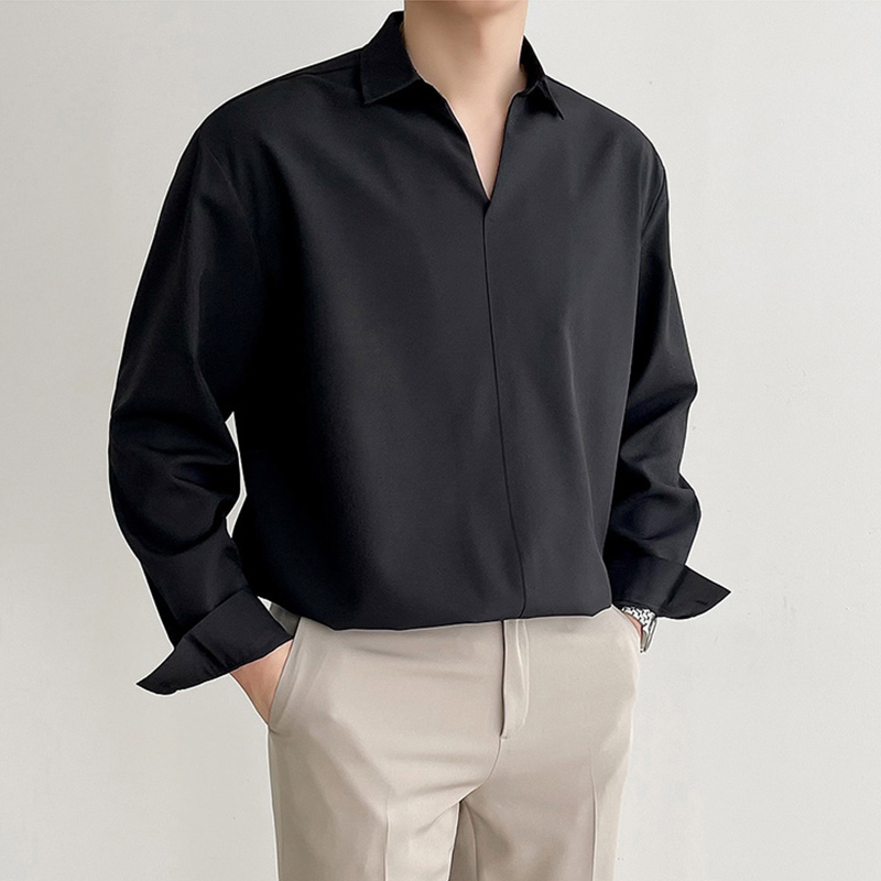 Nouveau coréen col en V hommes chemises de luxe décontracté Style tombant mince couleur unie à manches longues pull Blouse de haute qualité haut d'automne