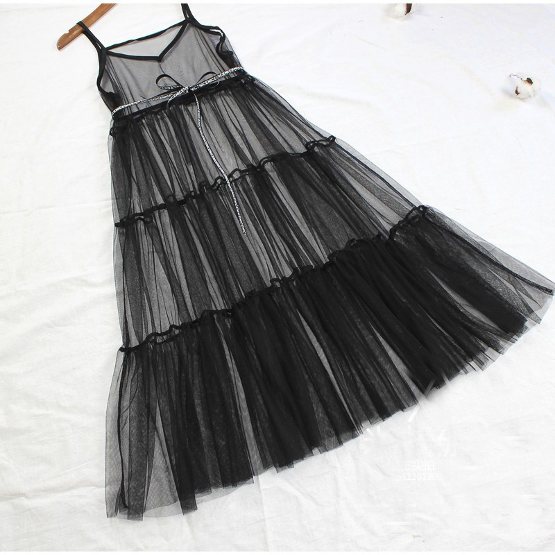 Robe féerique d'été pour femme à col en V, transparente en maille, à fines bretelles, avec ceinture à nœud, en dentelle et maille, style cache-cœur, robe nuisette, tenue d'extérieur