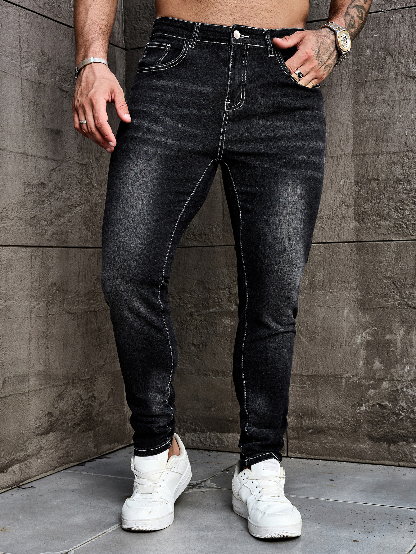 Pantalon en jean pour homme, coupe slim, extensible, délavé noir, style décontracté