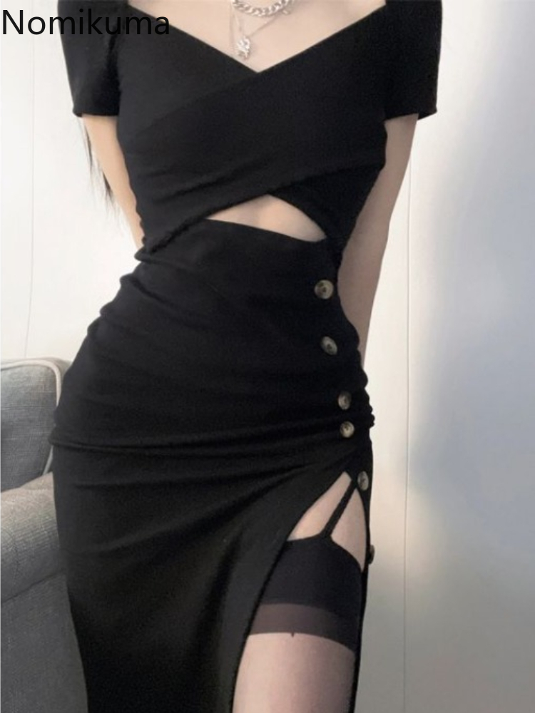 Robes noires Sexy pour femmes, manches courtes, ajouré, mode coréenne, tunique fendue, Robe d'été, 2025