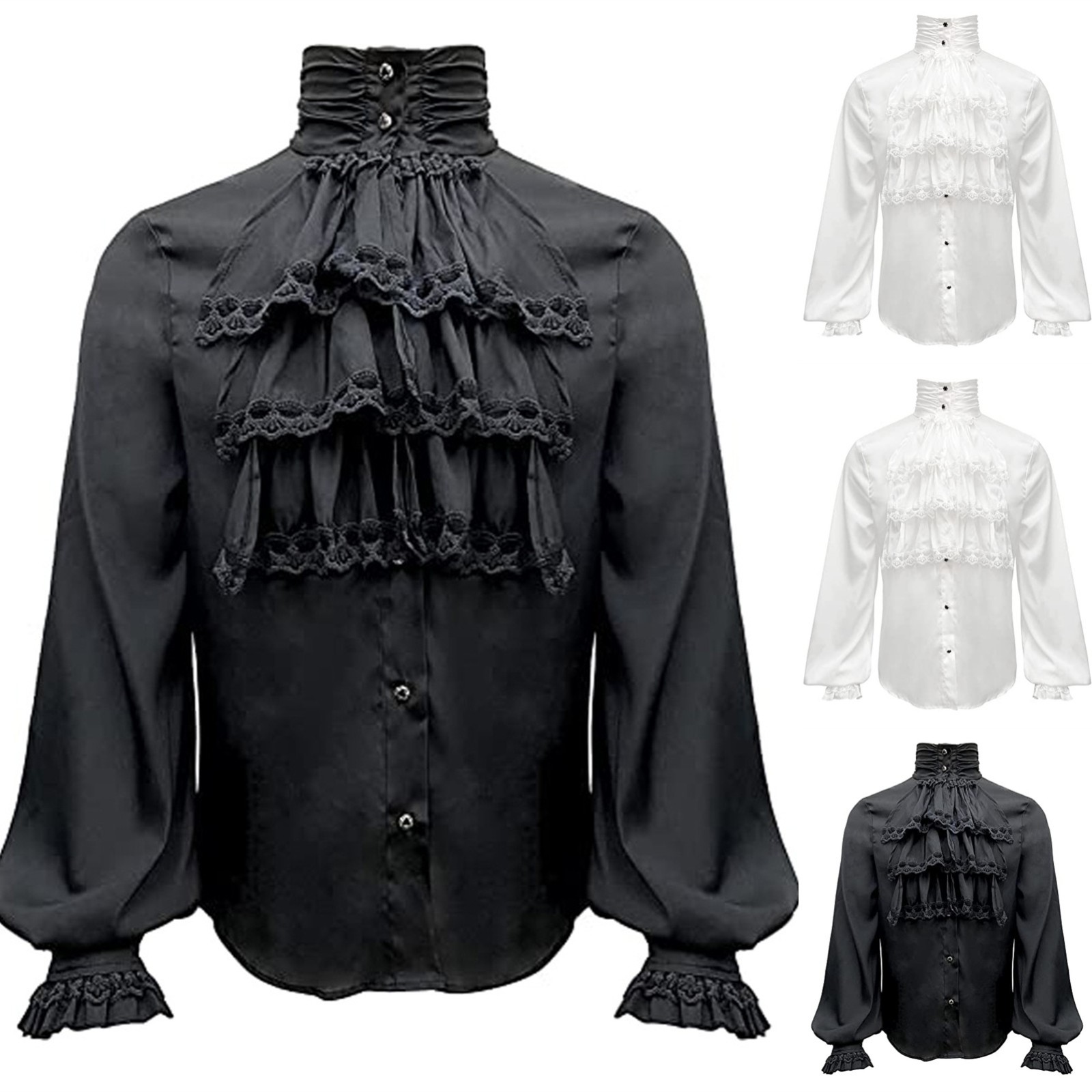 Chemises et chemisiers gothiques pour hommes rétro victorien médiéval dentelle volants col montant bouffant à manches longues chemise hauts vêtements pour hommes