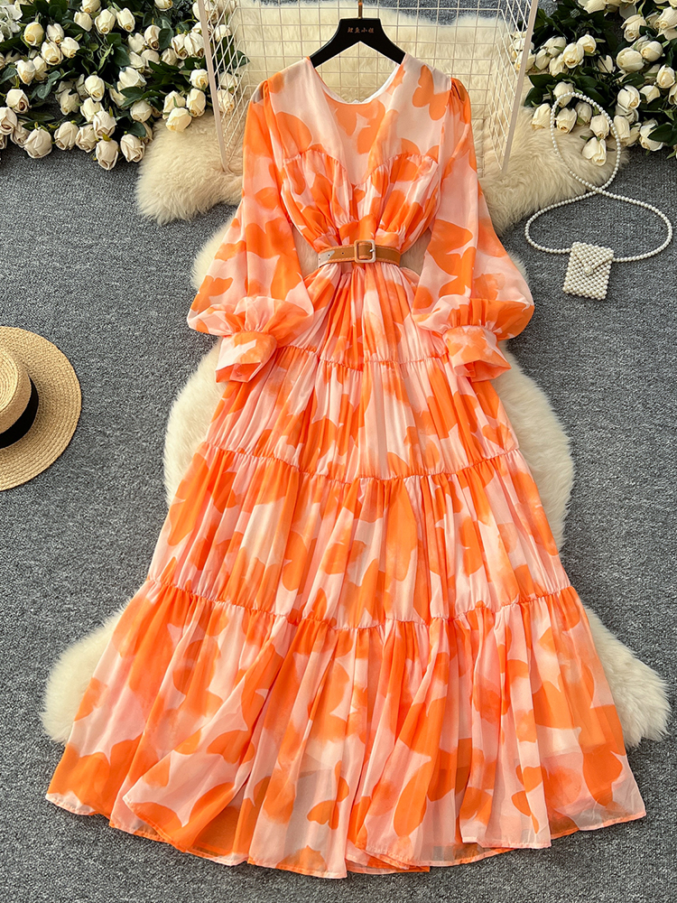 Robe longue imprimée à manches longues pour femmes, grande balançoire, mode française, Style plage, cintrée, col rond, Y01, printemps été