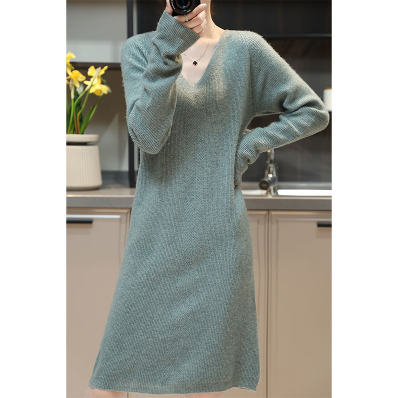 Femmes élégantes robes pull en cachemire 100% laine mérinos Sexy col en v décontracté jupe tricotée automne hiver dames robe noire vêtements