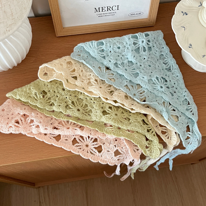 Foulard tricoté tendance pour femme, style pastoral français, bandeau triangulaire, bandeau au crochet fait main, foulard rétro à fleurs
