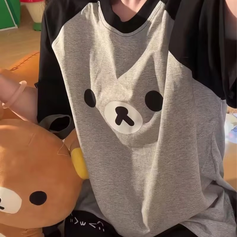 T-shirt pour femmes à imprimé Kawaii Rilakkuma, manches courtes raglan, col rond, ample et décontracté.