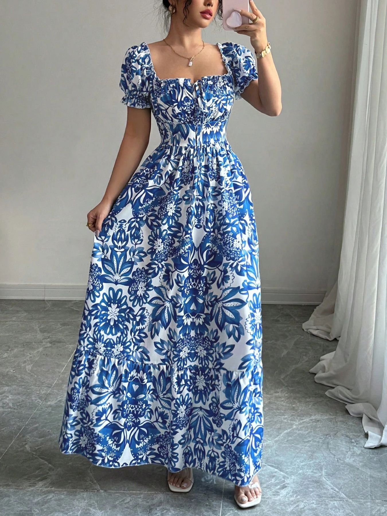 Robes décontractées pour femmes, robe à manches bouffantes à imprimé floral, robe à nouer devant, robe bohème, robe de vacances, robe de plage, robe de pique-nique, robe de soirée, robe d'été