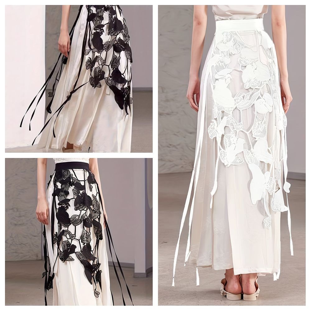 Jupe midi taille haute en dentelle avec fente latérale irrégulière, motif floral ajouré, franges et ceinture en dentelle, style Y2K Streetwear Harajuku