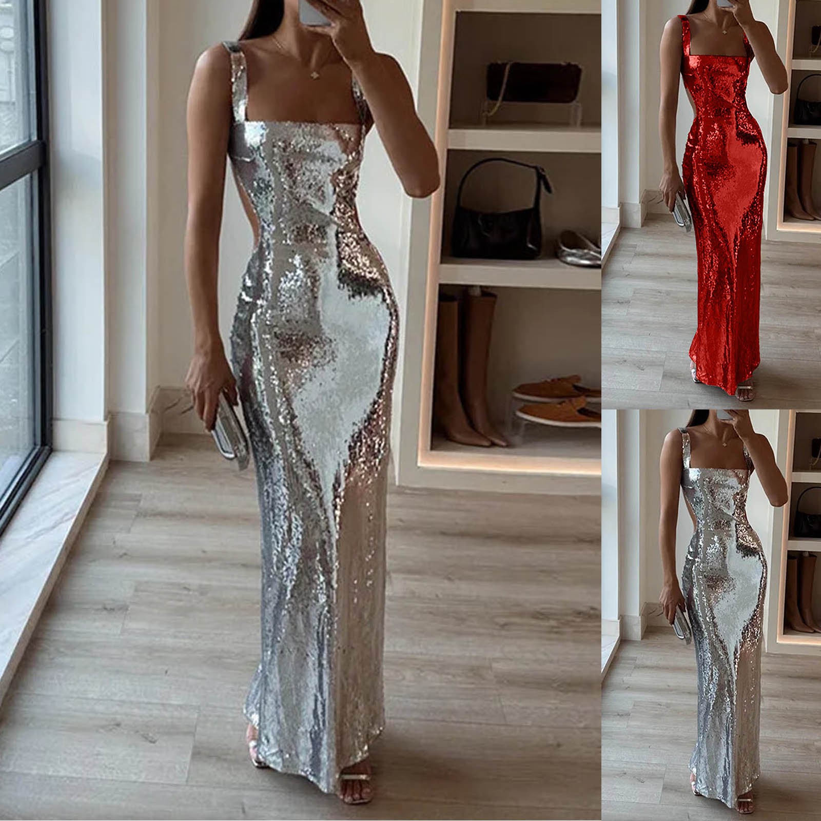 Robes de Cocktail pour femmes Sexy paillettes moulante robe Maxi dos nu sans manches robe à bretelles soirée élégante Robes de soirée Longue