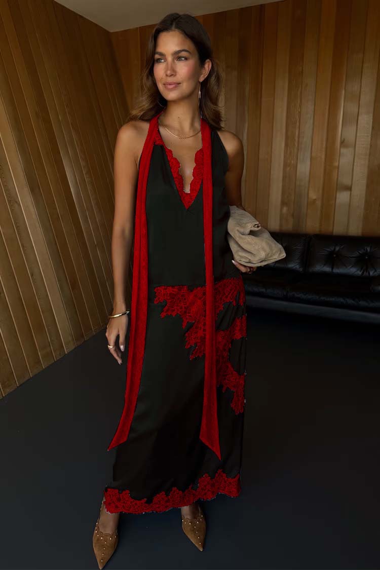 Ensemble jupe longue en dentelle patchwork tendance pour femme, décontracté, en satin, col en V, sans manches, pour l'été 2026, style urbain, idéal pour les vacances
