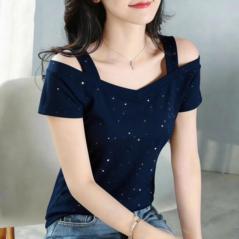 T-shirts décontractés à épaules dénudées et découpes pour femmes, grande taille, manches courtes, couleur unie, style vintage, tendance mode, nouveauté été