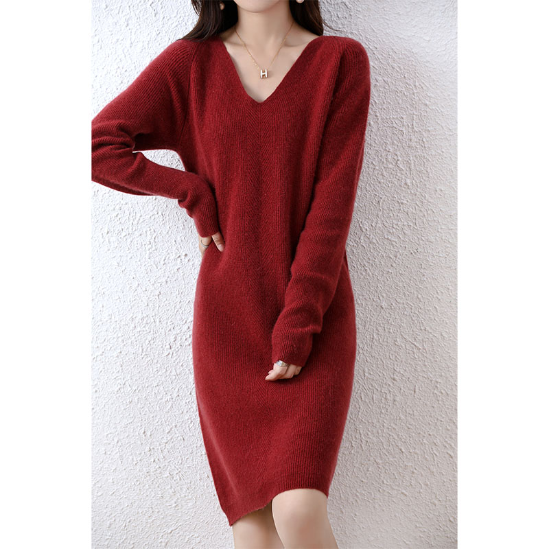 Femmes élégantes robes pull en cachemire 100% laine mérinos Sexy col en v décontracté jupe tricotée automne hiver dames robe noire vêtements