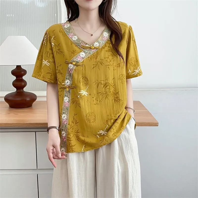 Chemisier en lin pour femme, style vintage, imprimé bambou, col cheongsam, tunique décontractée à manches 3/4