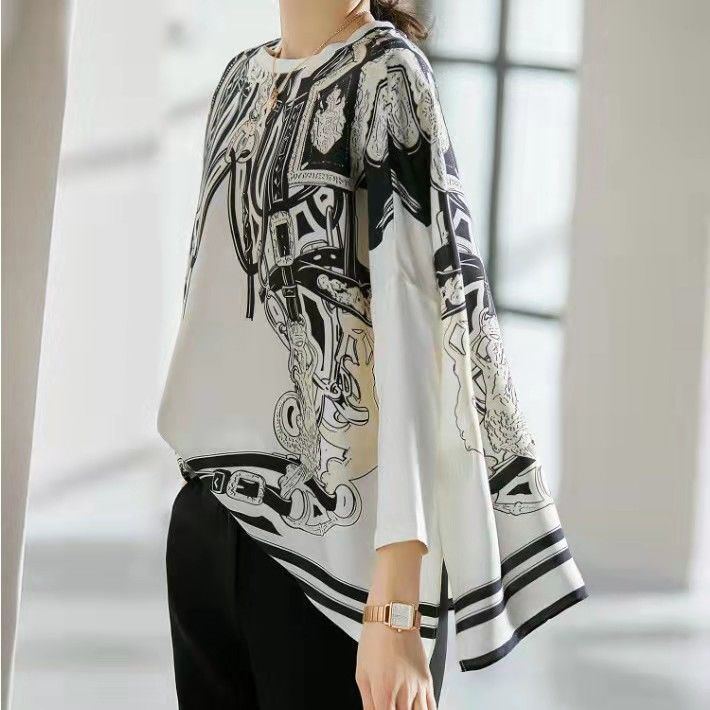 Chemise en mousseline de soie imprimée pour femme, manches chauve-souris, effet drapé, injTop simulé, satin At rétro, marque