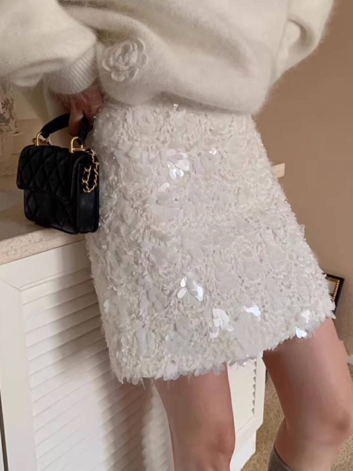 Vêtements de mode Юбка Ropa Mujer automne une ligne taille haute Falda industrie lourde blanc jupe à paillettes Юбки coréen