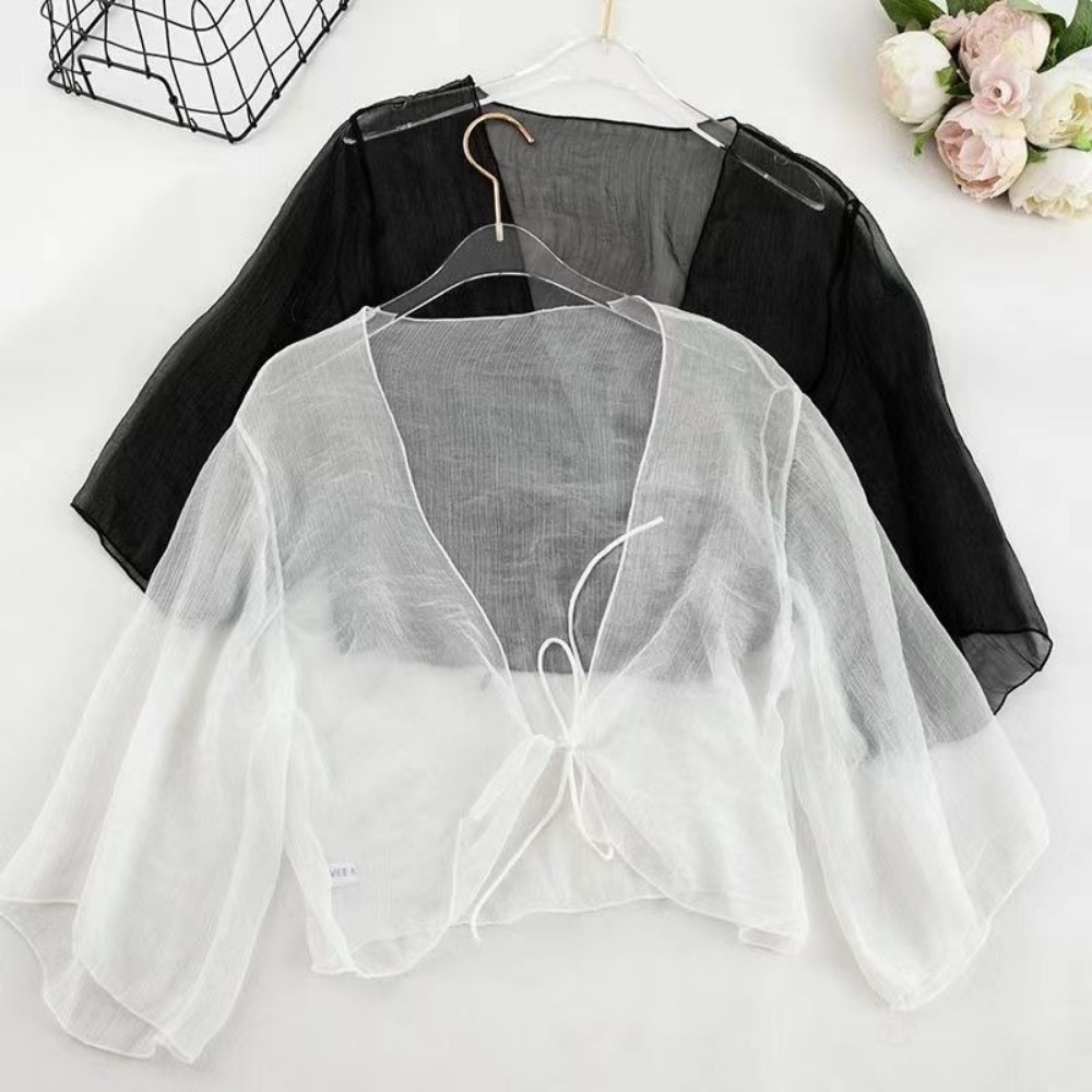 Cardigan d'été froissé pour femmes, ample, en mousseline de soie, Section fine, haut Transparent, châle court, petite veste