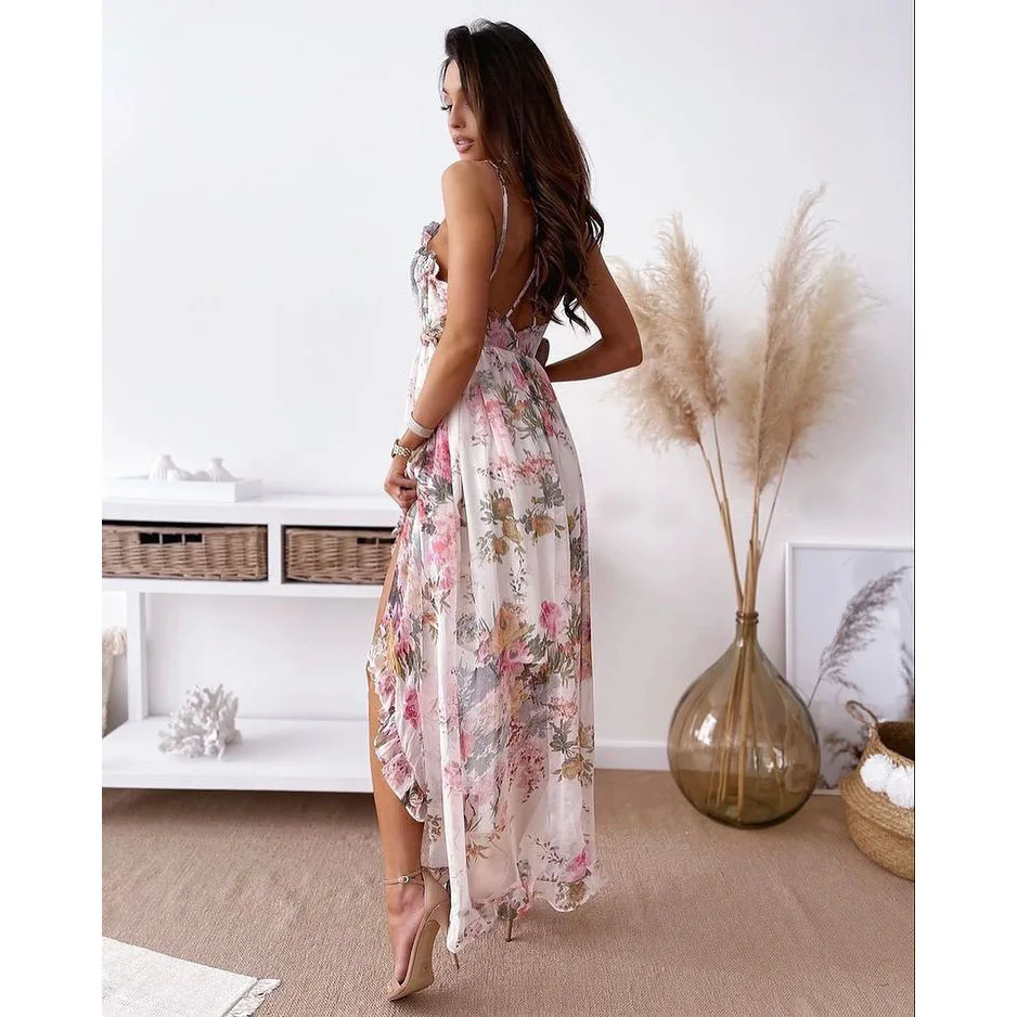 BWQ Sexy col en V rétro imprimé femmes robe en mousseline de soie élégant dos nu été Maxi robe femmes sans manches plage Style robe robes