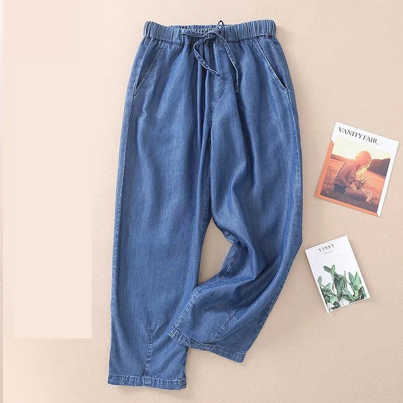 Jean taille haute pour femme, nouvelle collection été 2026, pantalon sarouel décontracté en denim fin, délavé, avec poches, taille élastique
