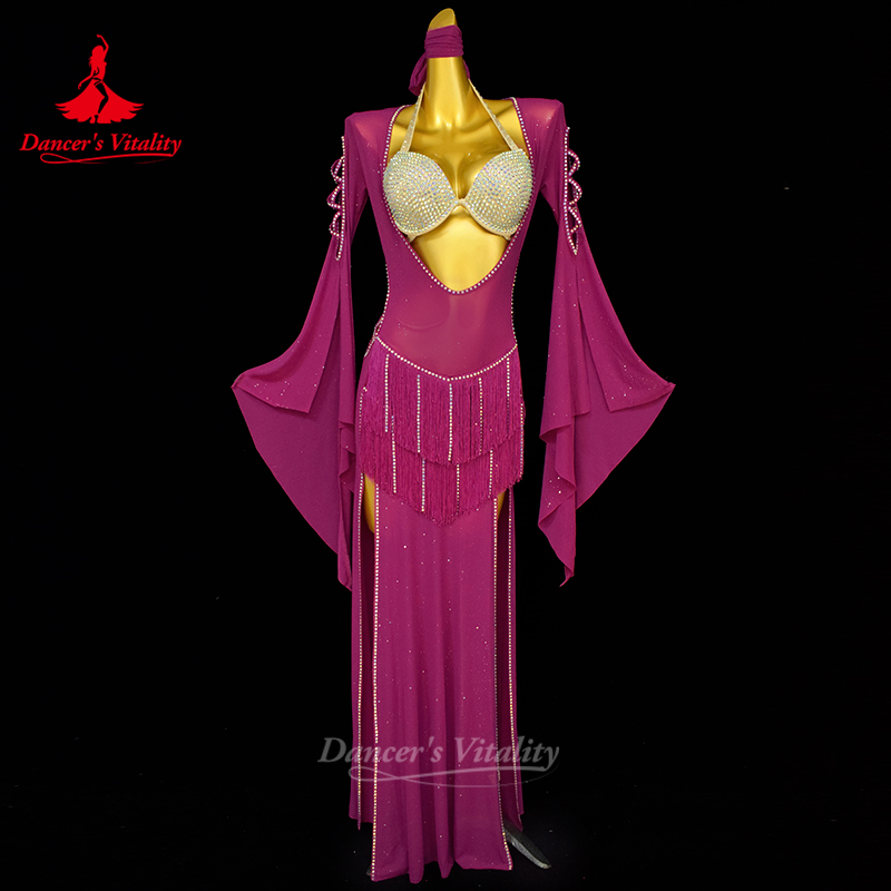 Robes de spectacle de danse du ventre pour femmes, Robe à franges Sexy + soutien-gorge + foulard en pierres AB pour personnes âgées, 3 pièces, tenue Shaabi Balady Saidy pour adultes