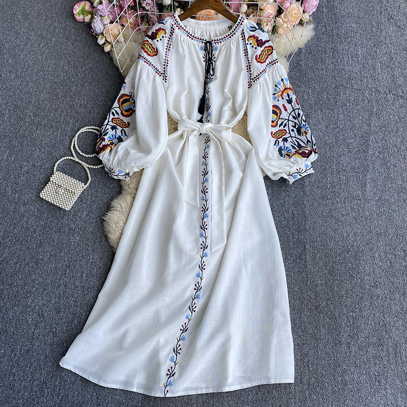 Robe Trapèze Brodée à Manches Bouffantes pour Femme, Col Rond, Taille Haute, Style Ethnique, Dropshipping
