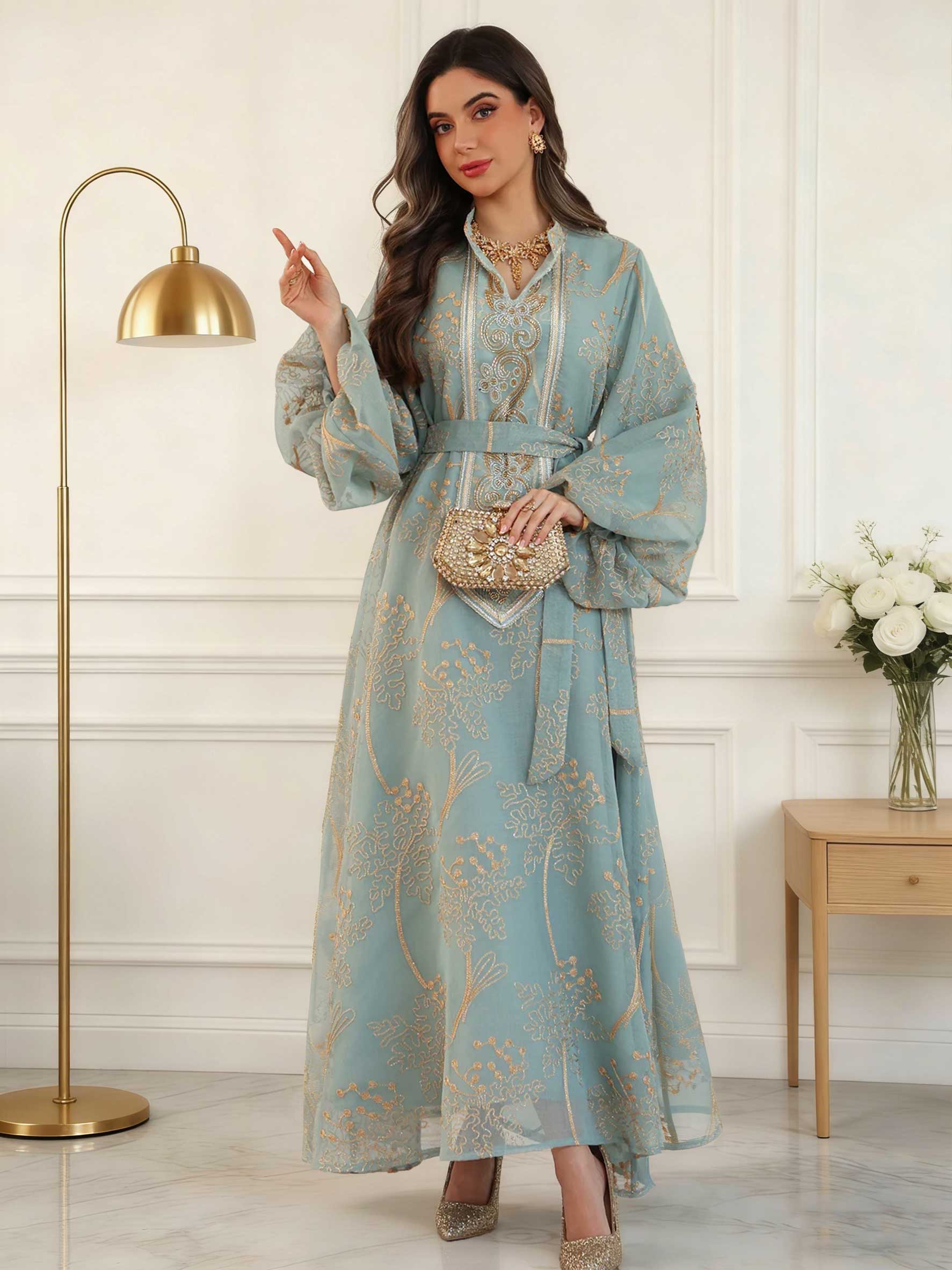 Robe Abaya Islamique Modeste pour Femme, Broderie Florale Dorée, Style Marocain, Ceinture Décontractée, Manches Ballon, Longue et Élégante