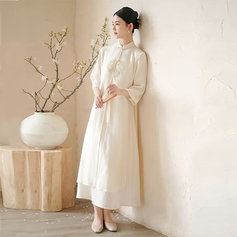 Robe de style chinois pour femmes, nouvelle collection d'été, broderie classique, longue robe élégante, col montant, robe Cheongsam