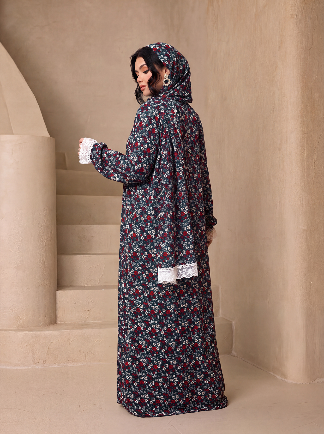 Abaya vintage à imprimé floral, ensemble de 3 pièces avec hijab assorti, robe maxi modeste à manches en dentelle blanche, tenue de fête pour femmes musulmanes