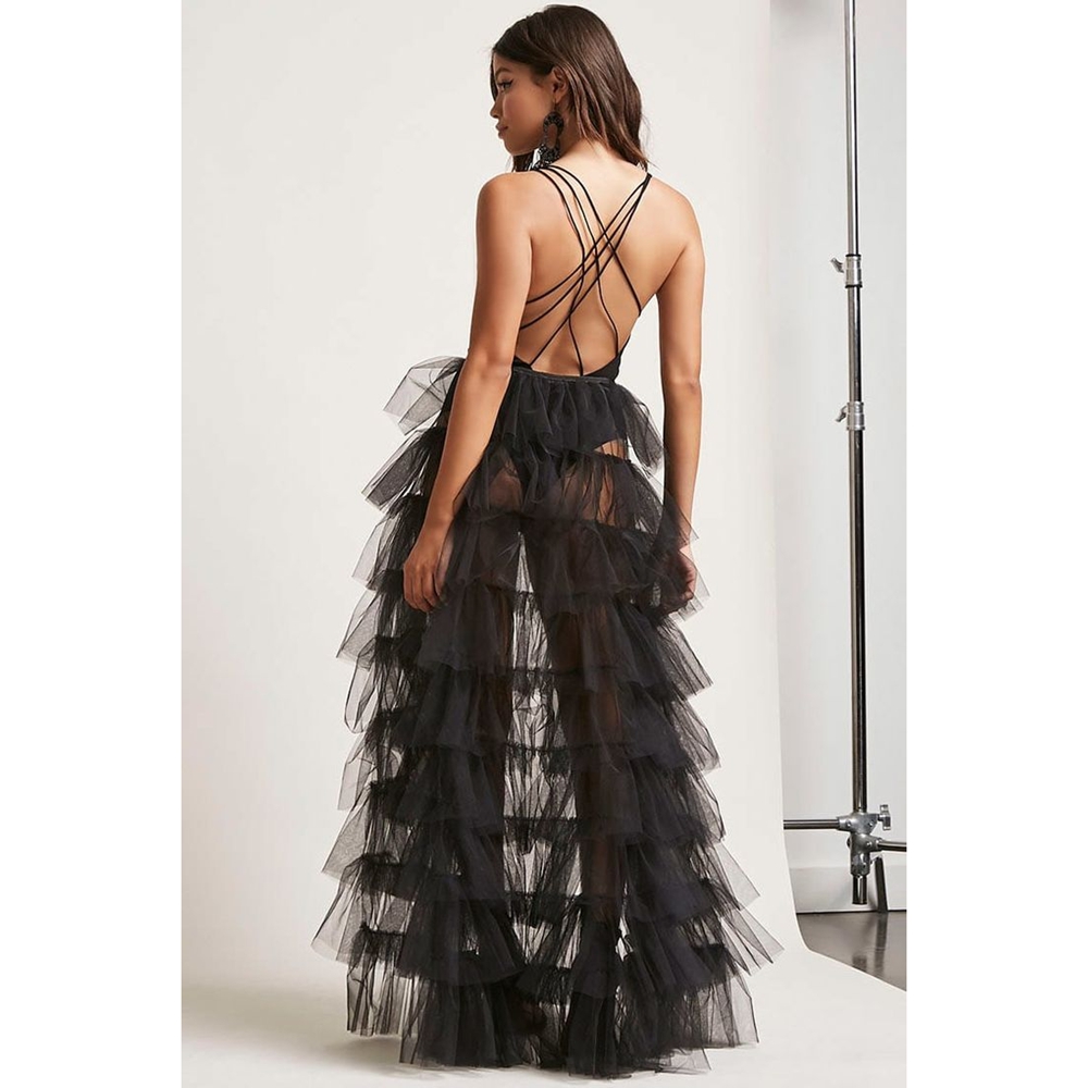 Jupe longue en Tulle à volants pour femmes, couleur unie, maille attachée, irrégulière, longueur au sol, traîne de fête, couvre-jupe