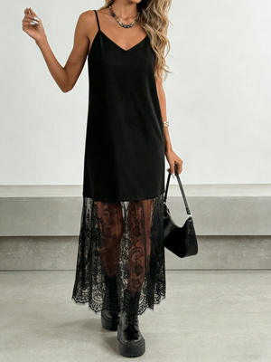 Robe longue élégante pour femmes, robe sans manches à bretelles spaghetti et empiècements en dentelle. Idéal pour les fêtes et les occasions formelles