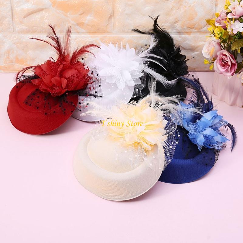 Accessoires de mode pour cheveux : Fascinator pour femme, chapeau de cocktail, chapeau de fête, coiffe de mariage ou d'église avec voile, fleur et plume