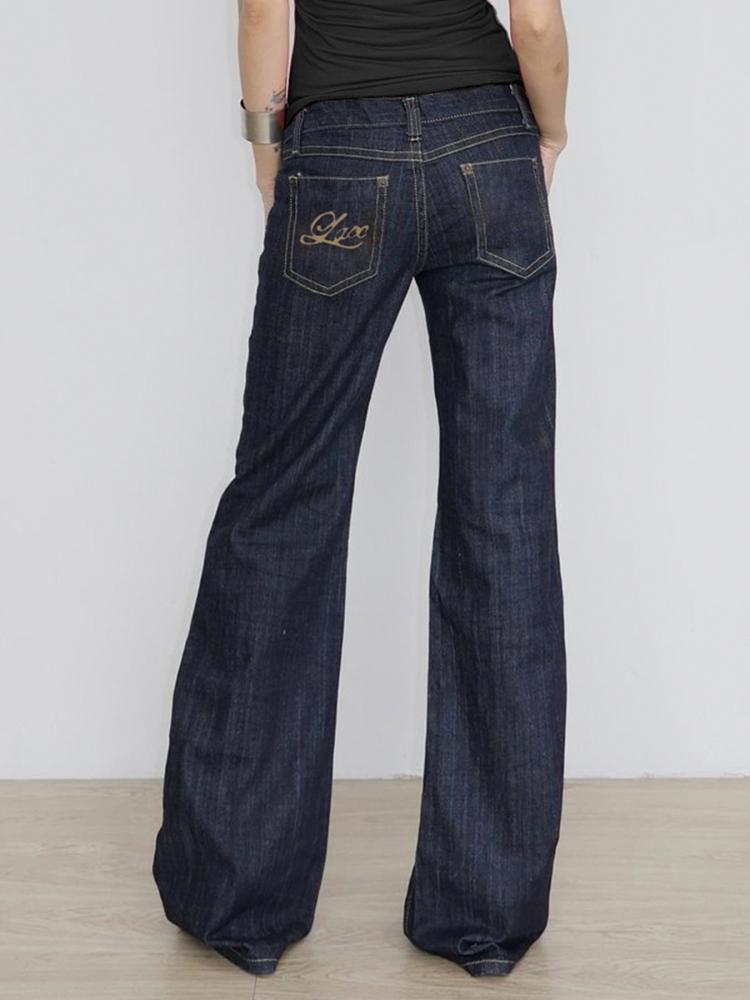 Jean évasé coupe cintrée pour femme Y2K Pantalon en denim extensible taille basse vintage avec broderie style vieilli pour les tenues de tous les jours