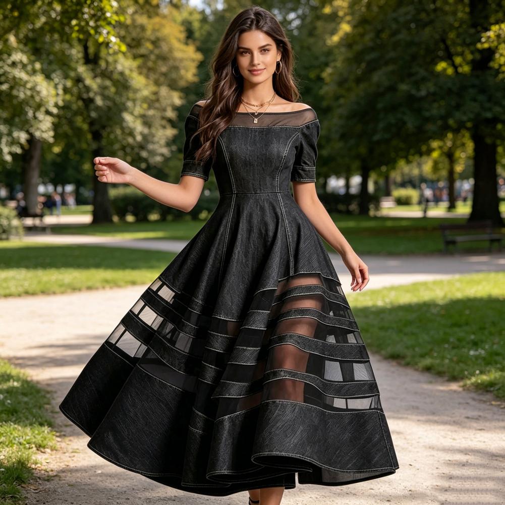 Robe en jean tendance pour femme, épaules dénudées, patchwork en maille, manches courtes, coupe trapèze évasée, longue, pour l'été, les voyages et les vacances