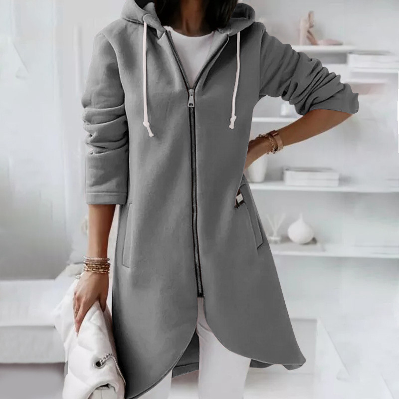 Veste à Capuche Longue pour Femme, Manteau avec Fermeture Éclair, Couleur Unie, Décontracté, Poches, Vêtements d'Extérieur, Automne et Hiver