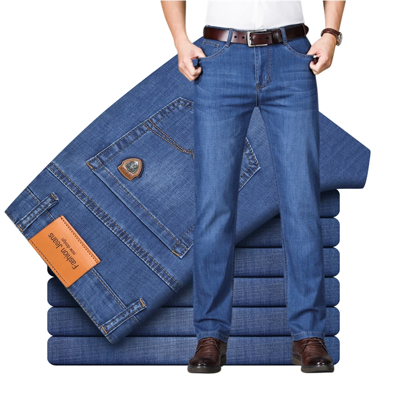 Jean stretch homme d'été, coupe droite décontractée, taille haute, style classique, bleu clair et bleu foncé