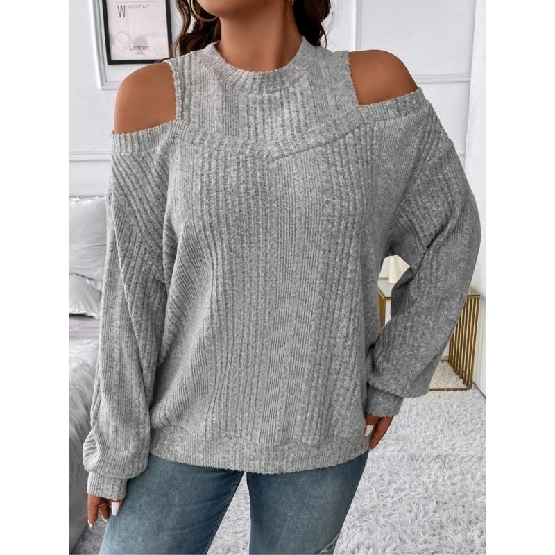Pull en tricot pour femmes, grande taille 1XL-5XL, col mi-haut, épissure, couleur unie, manches longues, épaules dénudées